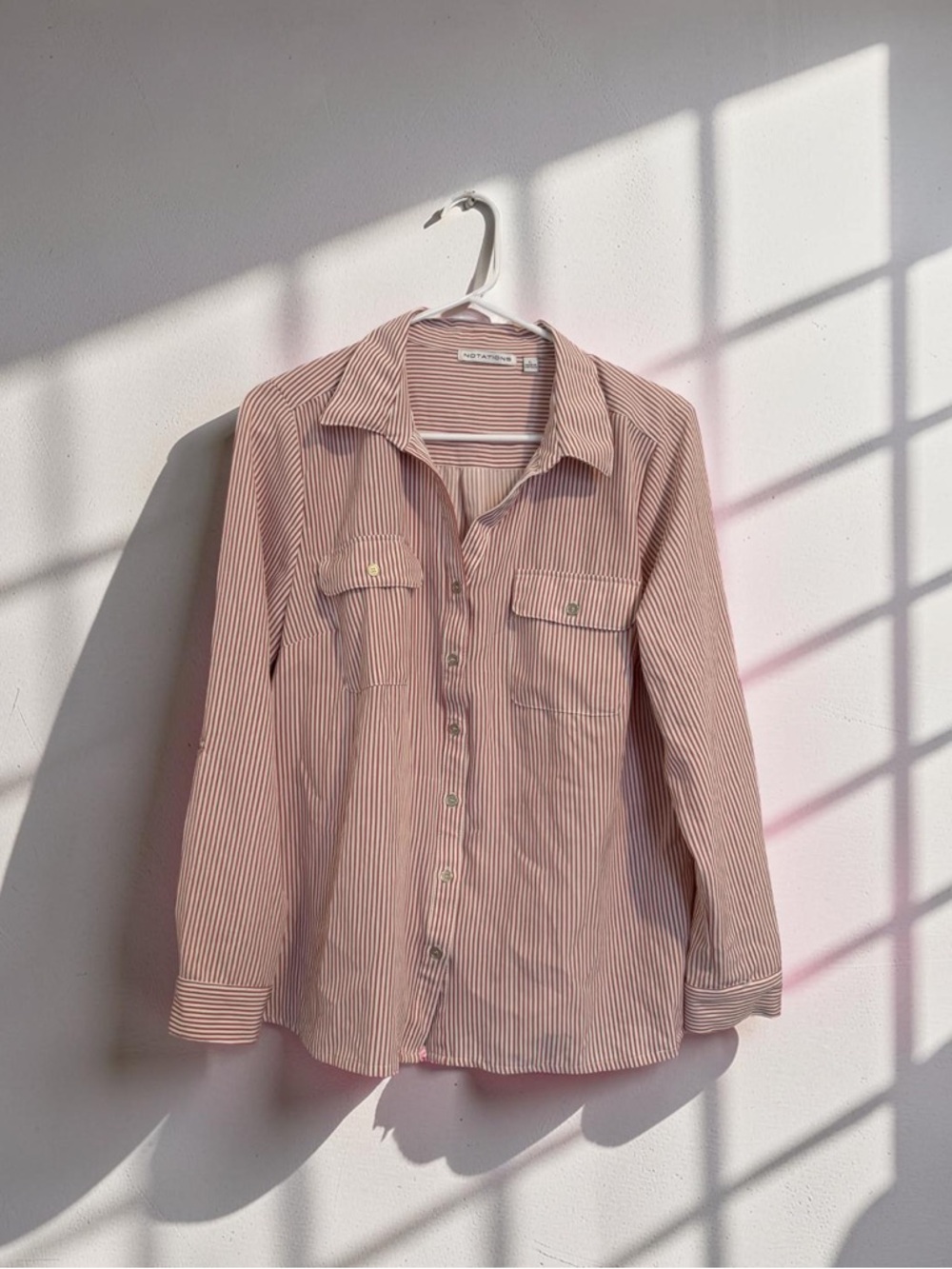 Dusty Rose and White Striped Blouse – Lightweight Button Front Long Sleeve Top